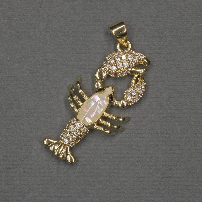 Přívěsek 'Rak' s vložkou z haliotitu, 30×15×4 mm, zlatý kov