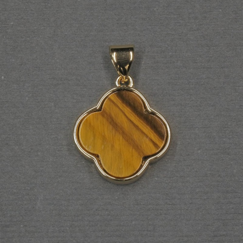 Přívěšek s čtyřlístkem a vložkou tygřího oka 16×18×4 mm – zlatistý kov