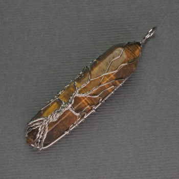 Přívěšek z tygřího oka ve tvaru šestiúhelníku, krystal 12×50×57 mm, ve stříbrném opletení