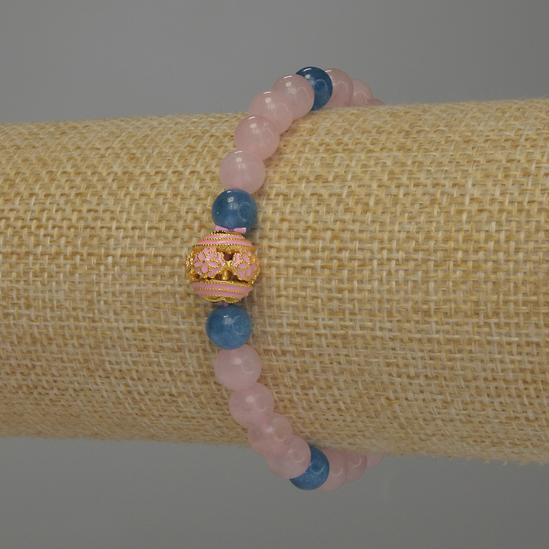 Náramek z růžového křemene a apatitu, hladké korálky 6 mm, Cloisonné 10 mm, délka 18 cm
