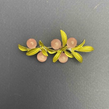 Brož Kočičí oko 60×27 mm ± – růžový smalt, zelený kov a stříbrný kov