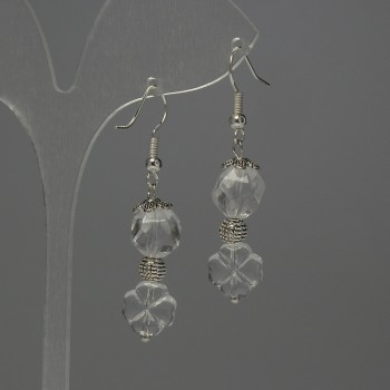 Náušnice z horského křišťálu, víceúhelníky, průměr 10×8 mm ±, čtyřlístek 10 mm ±, délka 44 mm ±