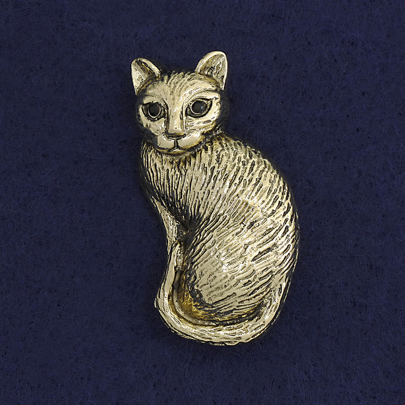 Brožka-přívěšek Kočka se černými štrasovými kamínky, barva tmavé zlato, zlatavý kov, 45×24 mm