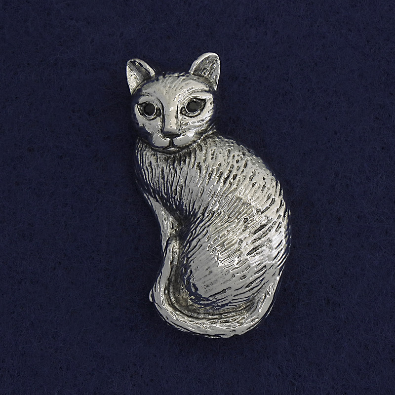 Brožka-přívěšek Kočka se černými kamínky, lesklý stříbrný kov, 45×23 mm