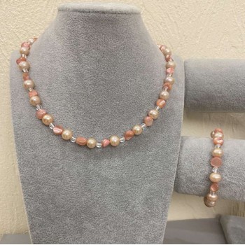 Sada náhrdelníku a náramku «Asortiment» oválné korálky 9×8 mm ±, broušené 8×7 mm ± a kulovité 4 mm ±, délka 50 cm ±, délka 18 mm ±, s prodlužovacími řetízky