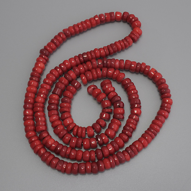 Korálové rondelové korálky, průměr 8×3–4,5 mm, délka 80 cm ±, na niti