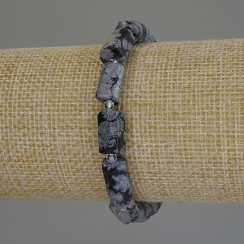 Браслет Сніжний Обсидіан Сльози Апачів оброблена рубка, діаметр 12х7мм+- бісер 3мм+-, довжина 18см+- стрейч