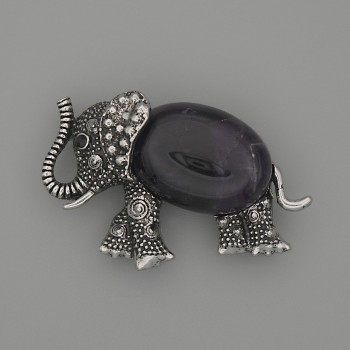 Brož-kulon 'Slon' s ametystem, 45×27 mm, ± černé štrasové kamínky, stříbrný kov