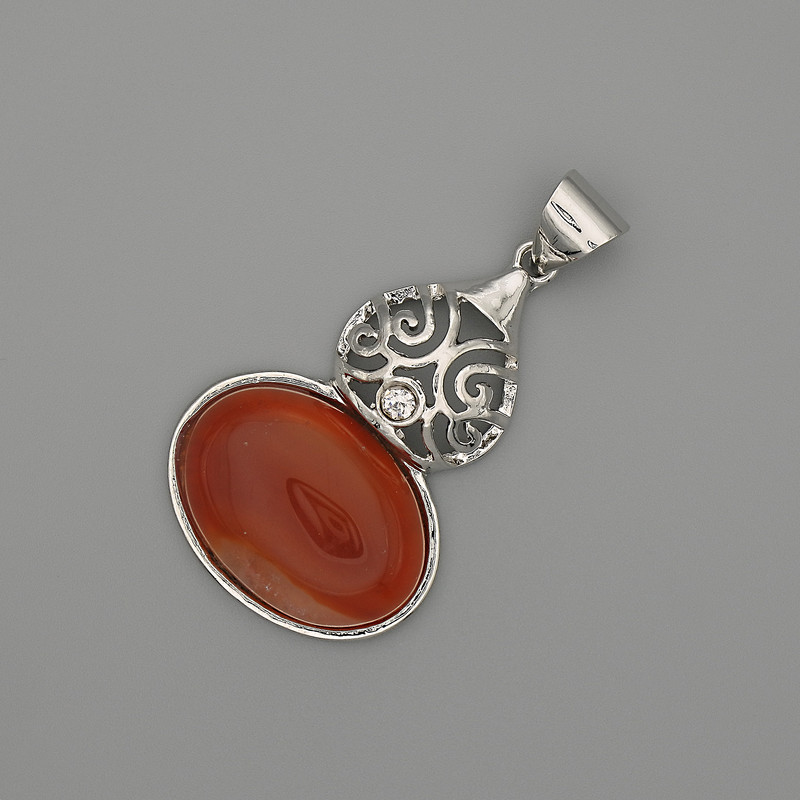 Přívěsek s karneolovým kabošonem, 50 × 28 mm ± stříbřitý kov