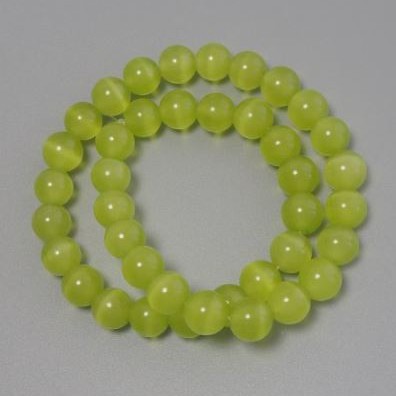 Korálky Kočičí oko olivové, syntetické kameny, hladká kulička, průměr 10 mm, na niti, délka 36 cm+