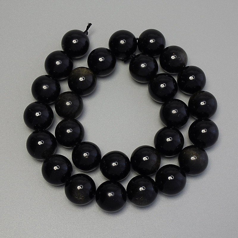 Korálky ze slunečního obsidiánu, hladké kuličky 14 mm, délka 37 cm na niti