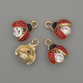 Přívěšek Sluníčko se štrasami, červená smaltovaná, zlatistý kov, průměr 10×12 mm, balení 4 ks