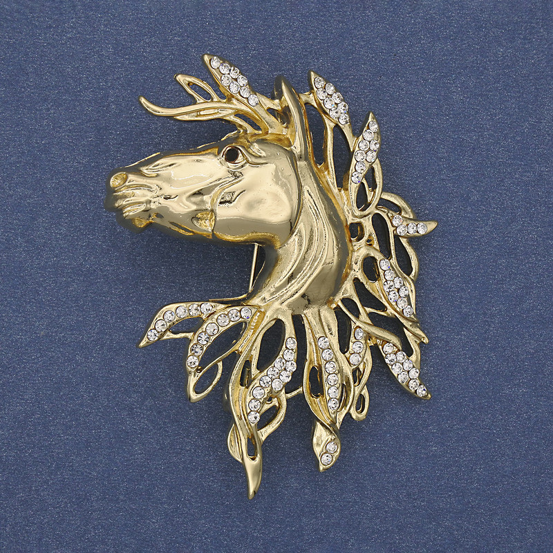 Brožka-přívěšek „Kůň“ s bílými rhinestones, zlatistý kov, 54×41 mm +
