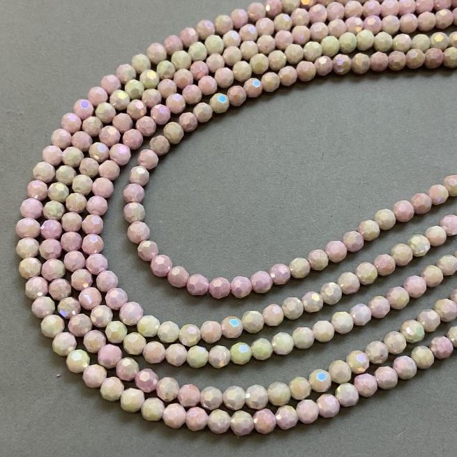 Korálky Český křišťál, multicolor s benzínovým efektem, na niti, broušené kuličky, průměr 6 mm, délka 38 cm