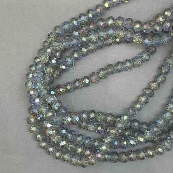 Korálky Český křišťál na niti, šedě průhledné s benzínovým nástřikem, brusované rondely, průměr 8×6 mm, délka 38 cm ±