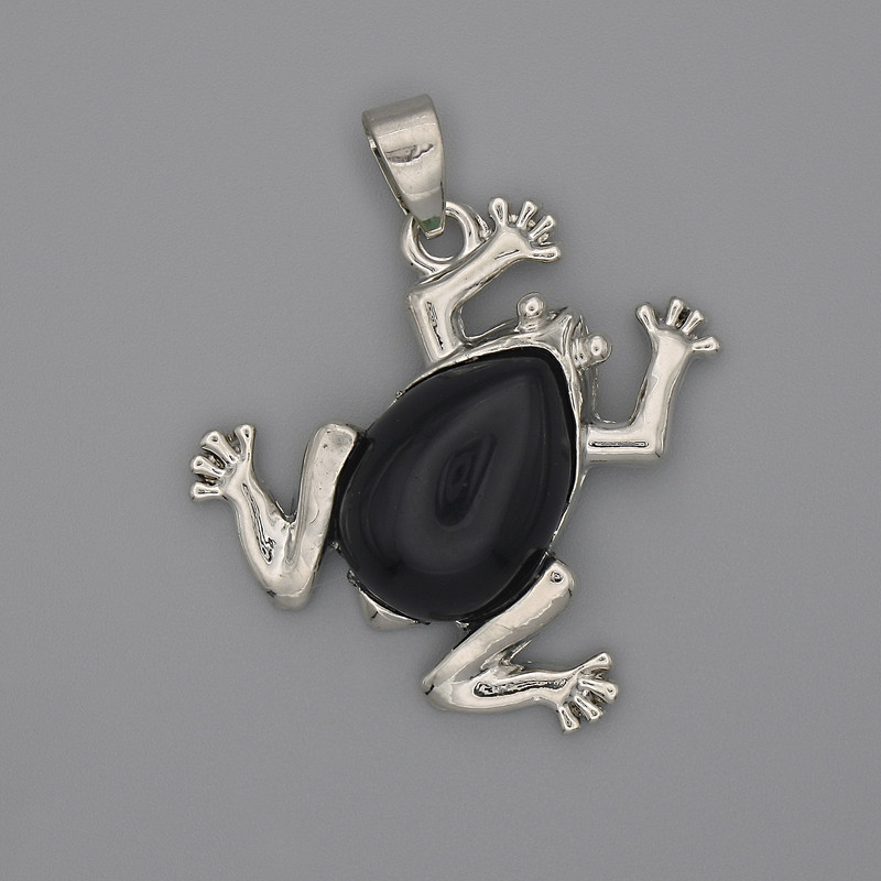 Přívěšek Žába z černého achátu 29×28 mm ±, délka 37 mm ±