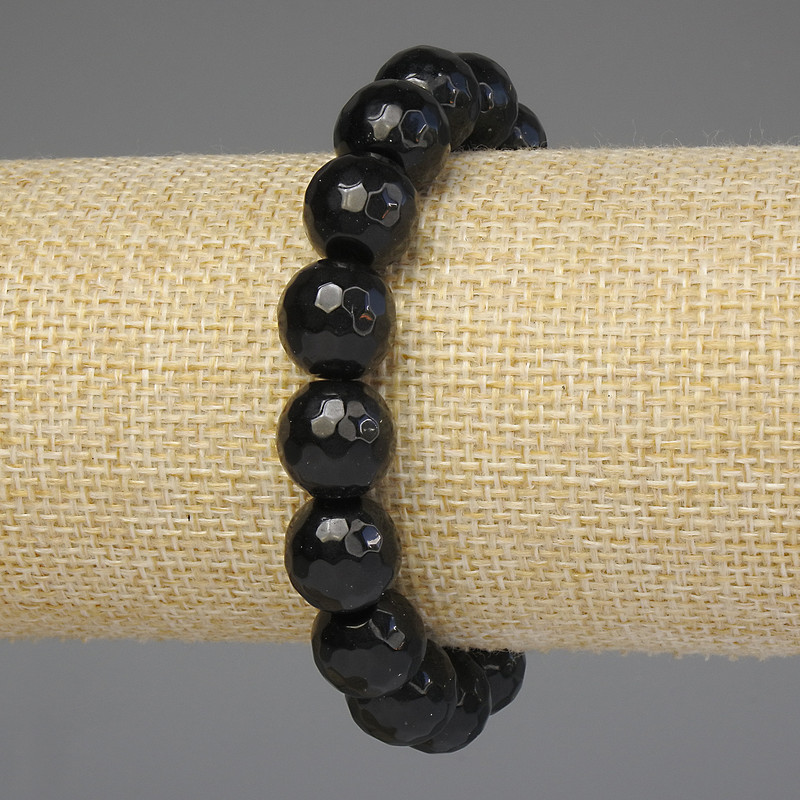 Náramek z černého achátu, broušené korálky 12 mm, délka 18 cm, elastický