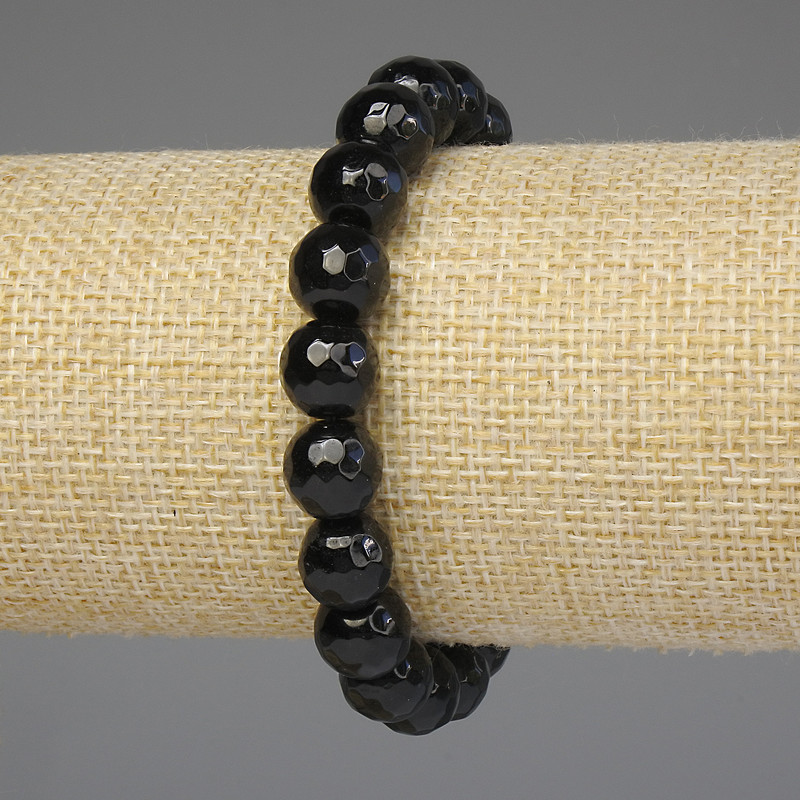 Náramek z černého achátu, broušené kuličky 10 mm, délka 18 cm, elastické provedení