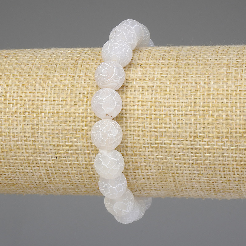 Náramek z bílého mrazivého achátu, hladké kuličky 10 mm, délka 18 cm, elastický