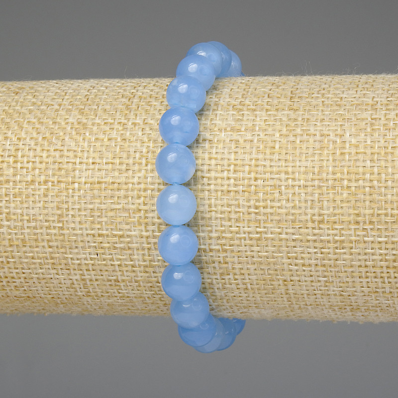 Náramek z akvamarínu, hladké korálky 8 mm, délka 18 cm, elastický