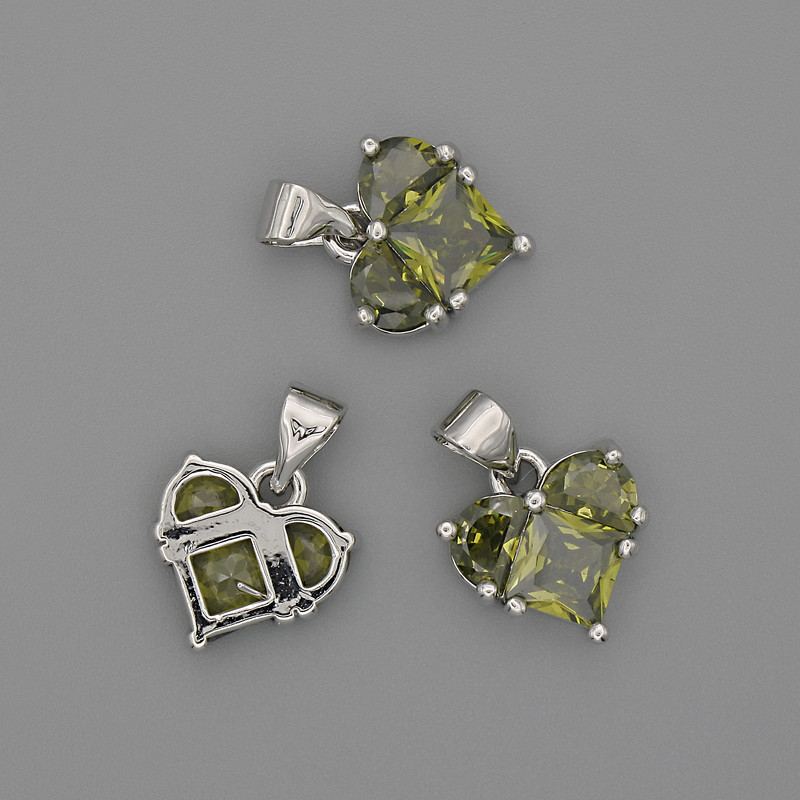 Přívěšek Srdce se zelenými krystaly, 12 × 12 mm, délka 17 mm, stříbrný kov
