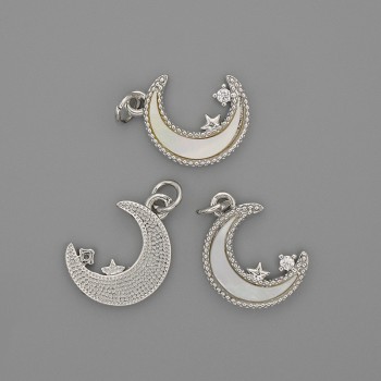 Přívěšek z perleti Měsíc 15×13 mm, ± bílá štrasová kamínka, délka 20 mm, stříbrný kov