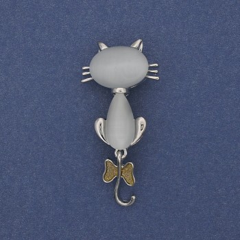 Brož-přívěsek Kočka s kočičím okem, stříbrný kov, 49×25 mm+