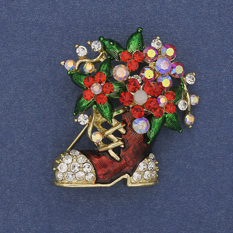 Brož Novoroční botička se smaltem a krystaly, zlatý kov, 37 × 32 mm +