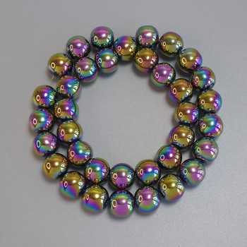 Korálky hematitu duhové barvy, hladká kulička 12 mm ± na šňůrce, délka 40 cm+