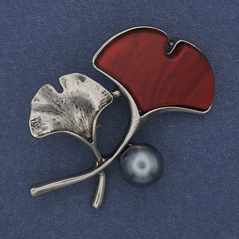 Brož Větvička červená, perla, stříbrný kov, 48×38 mm+