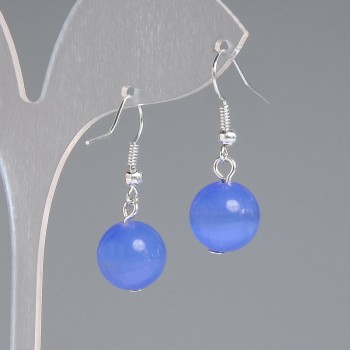 Náušnice modré kočičí oko – hladká kulička, průměr cca 12 mm, délka cca 30 mm, stříbrný kov