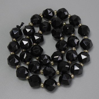 Korálky z černého turmalínu, facetované, průměr 9,5×9 mm, 3 mm korálky, délka 38 cm, na niti