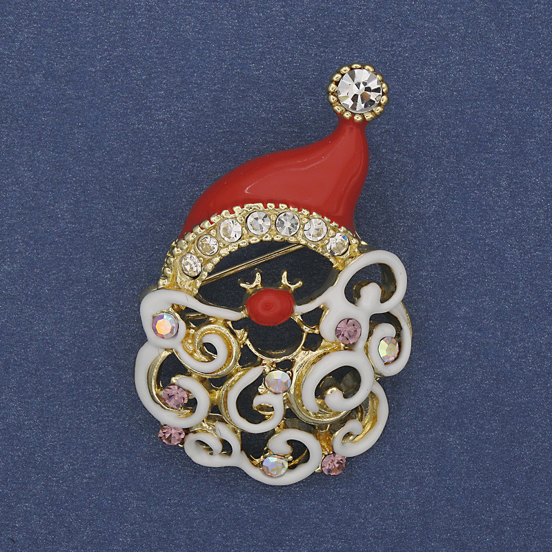Brož Vánoční Santa, červený smalt, štras, zlatý kov, 26×38 mm +