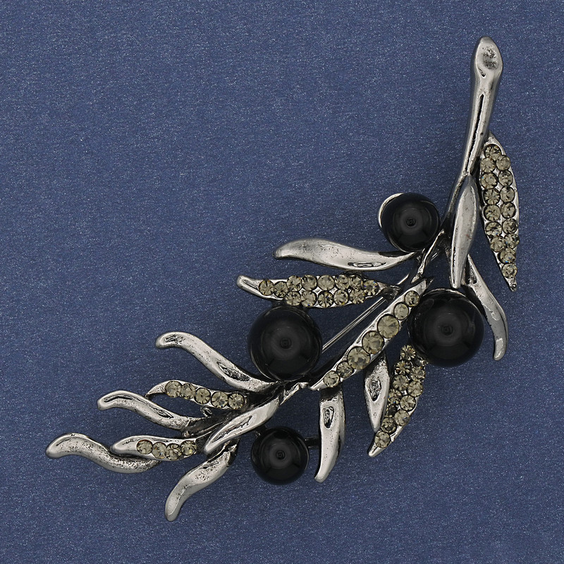 Brožka Větvička achátu se šedými štrasovými kamínky 67×26 mm, stříbrný kov
