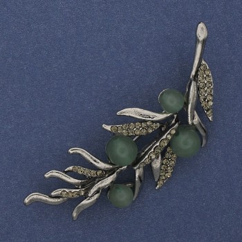 Brožka Větvička z nefritu se šedými štrasovými kamínky 67×26 mm, stříbrný kov