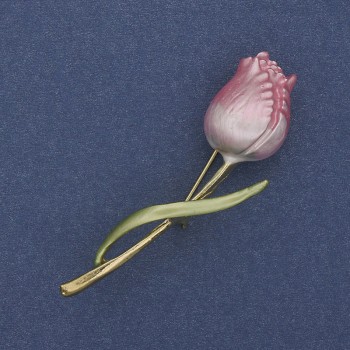 Brož Tulipán, růžová s zeleným smaltem, zlatý kov, 16×59 mm+