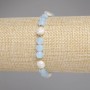 Náramek z akvamarínu, broušené mince 6 mm, říční perly 7–8 × 7–7,5 mm, hematitové kuličky 2 mm, délka 18 cm, pružný