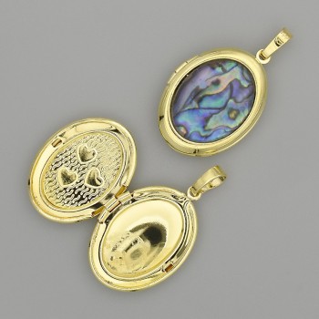 Přívěšek z haliotitu, oválný, zlatavý kov 32×20 mm ± pro uložení fotografie