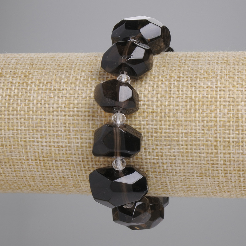 Náramek z kouřového topazu s multifacetními korálky, průměr 12–18×10–13 mm, korálky 5 mm, délka 18 cm, elastický