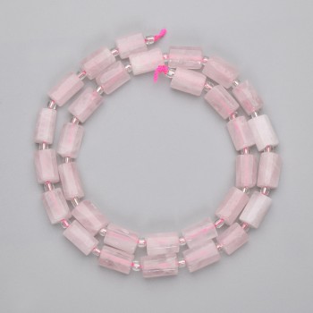 Korálky z růžového křemene – broušené, průměr 9–11×7 mm, + 3 mm korálky + na niti, délka 39 cm +