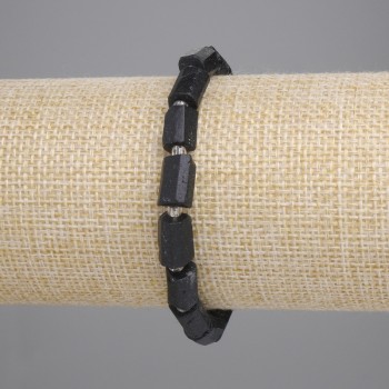 Náramek z turmalínu Šerl, broušený, průměr 9–10×6 mm ±, rokajl 3 mm ±, délka 18 cm ±, na elastické šňůře