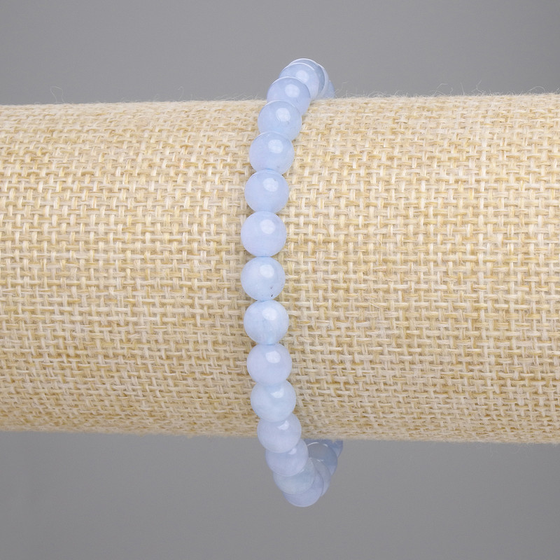 Náramek z akvamarínu, hladké korálky, průměr 6 mm, délka 18 cm, elastický