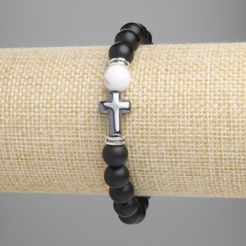 Náramek ze šungitu – hladká korálka 8 mm, chalcedonová korálka 8 mm, hematitový kříž 14×10 mm, délka 18 cm, elastická šňůra