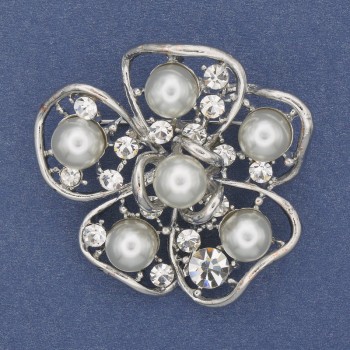 Brož Květ s perlami Mallorca bílé štrasové kamínky, stříbrný kov, 40 mm+