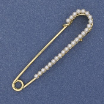 Brož se špendlíkem s bílými perlami 70 × 16 mm ± zlatistý kov