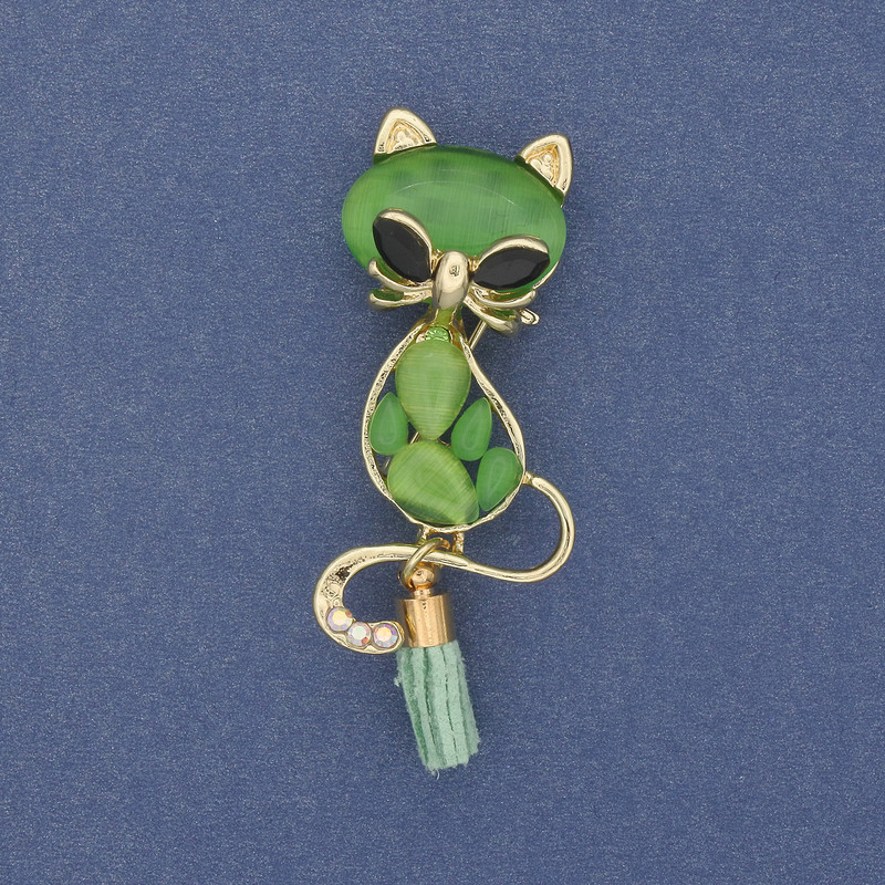 Brož s přívěskem Kočka se korálkou, zelené kočičí oko, zlatistý kov, 43×17 mm+
