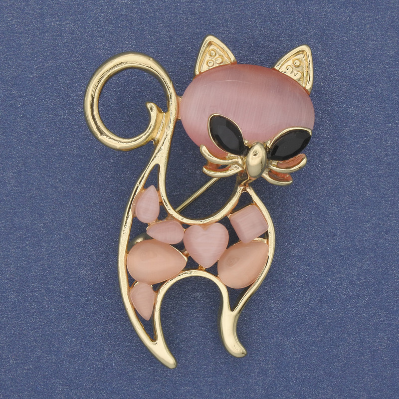 Brožka-náhrdelník Kočka s růžovým kamenem