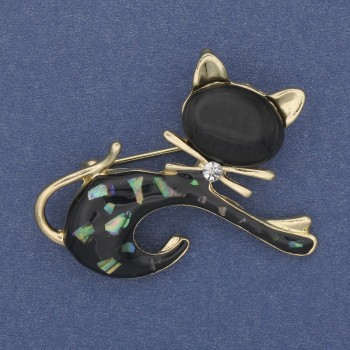 Brož Kočka s chalcedonem a kočičím okem, zlatistý kov 43×34 mm+