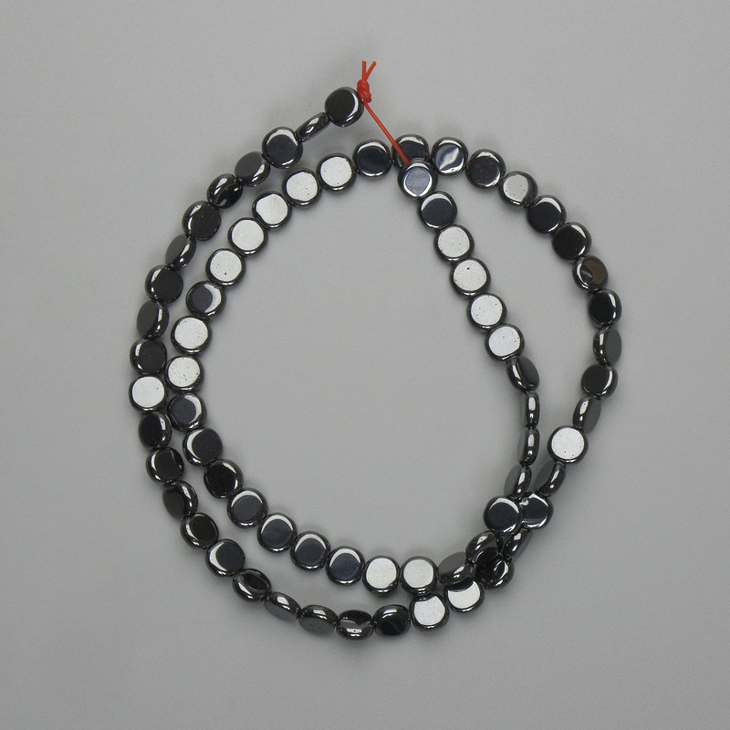Hematitové korálky mince 6 mm ±, délka 39 cm ±