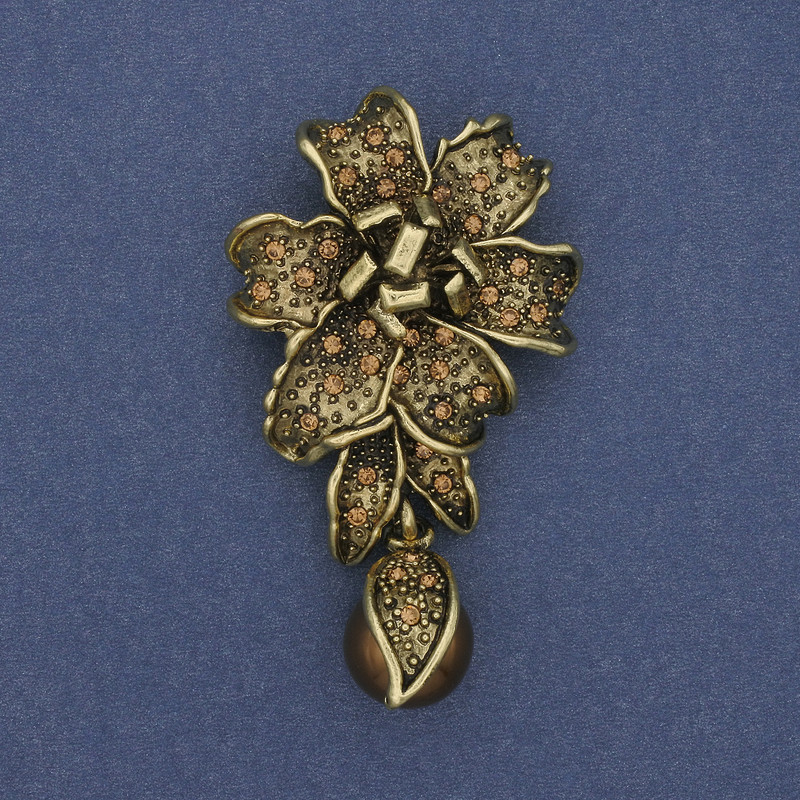 Brož-kulon Květina s perlou a kamínky, bronzová barva kovu, 60×32 mm+